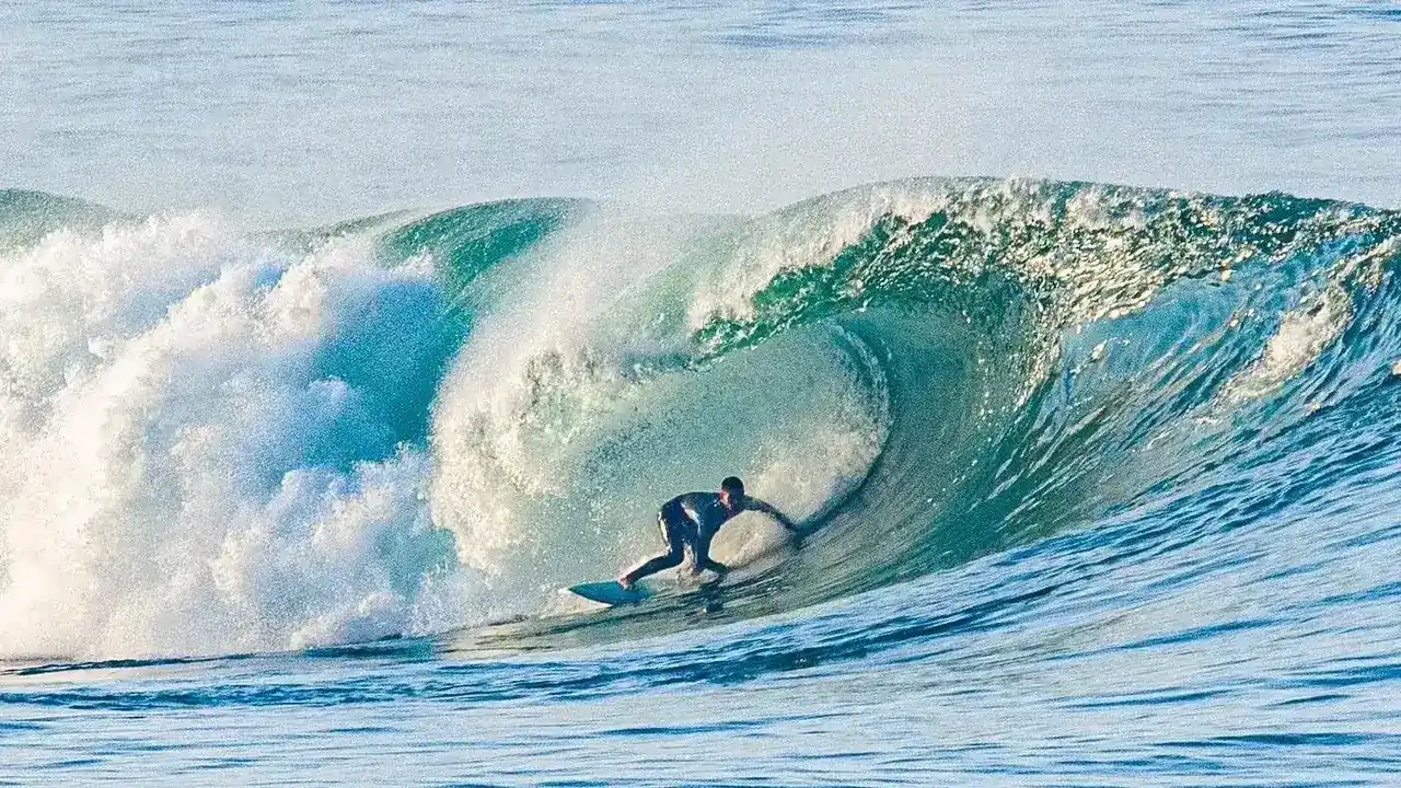 Surfers riding waves on the shores of San Diego.